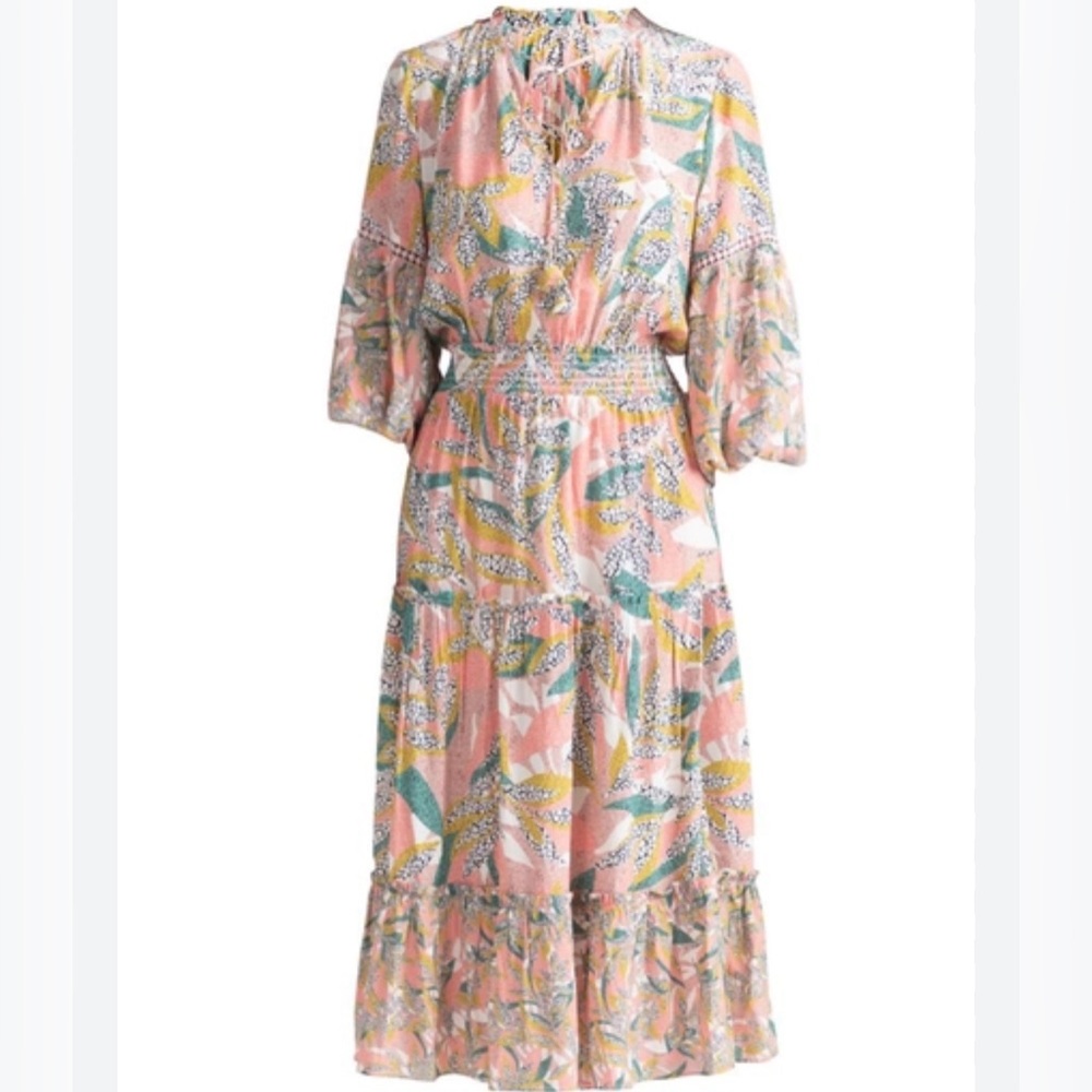 Shoshanna Aria Midi Dress Coral Multi Color Puff Sleeve size 4